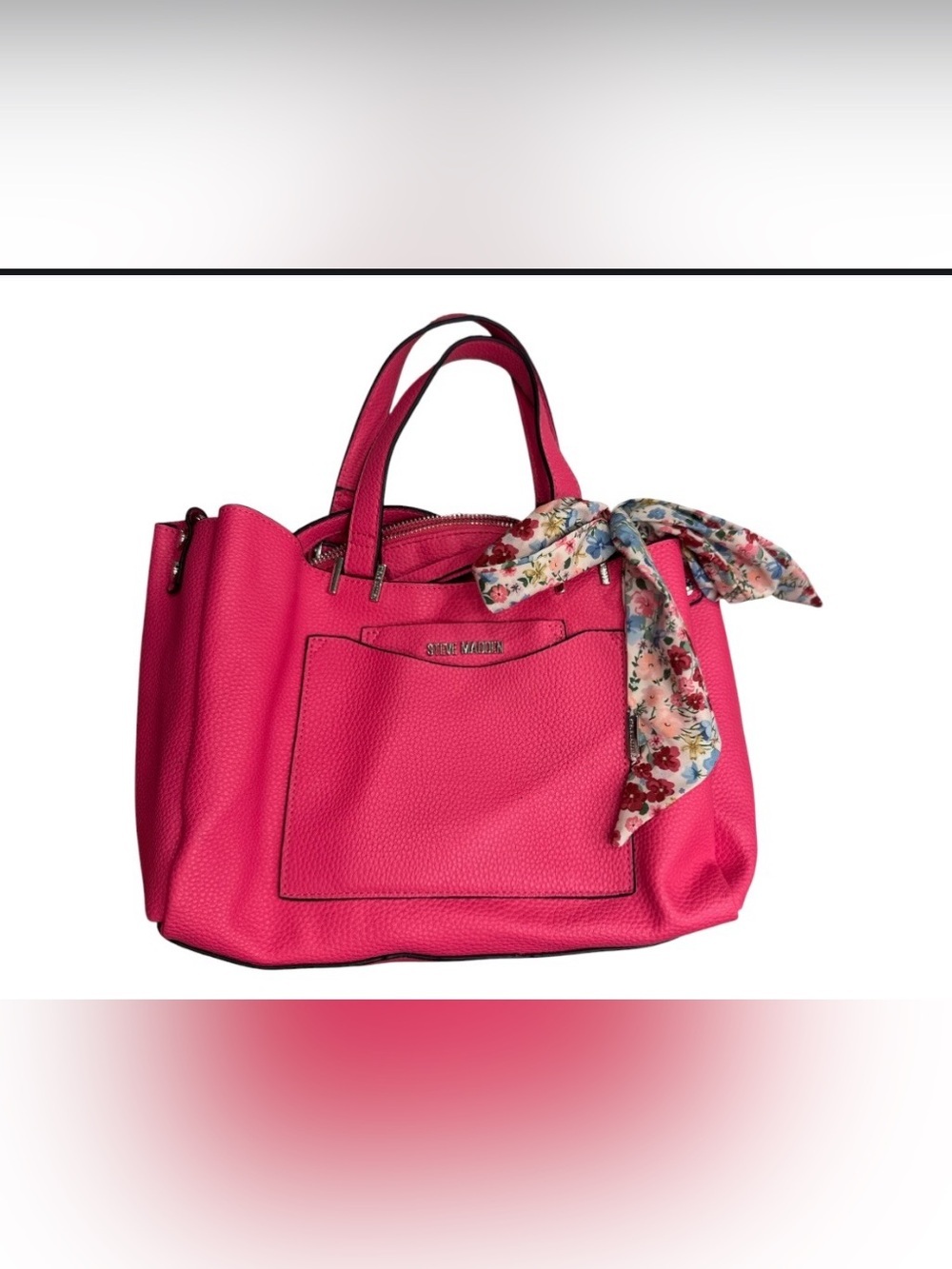 Steve Madden Hot Pink Satchel Tote Bag with Floral Scarf